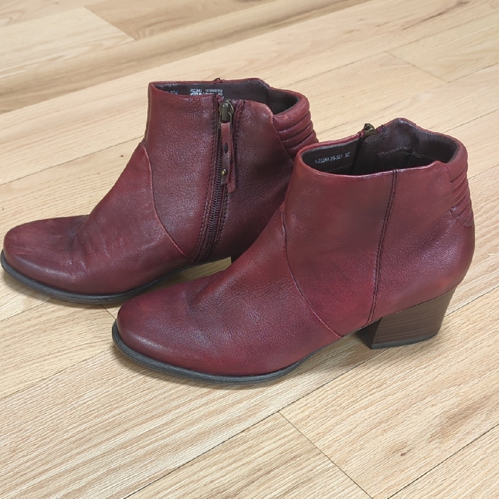 Women's Burgundy Leather Ankle Booties with Low Stacked Heel